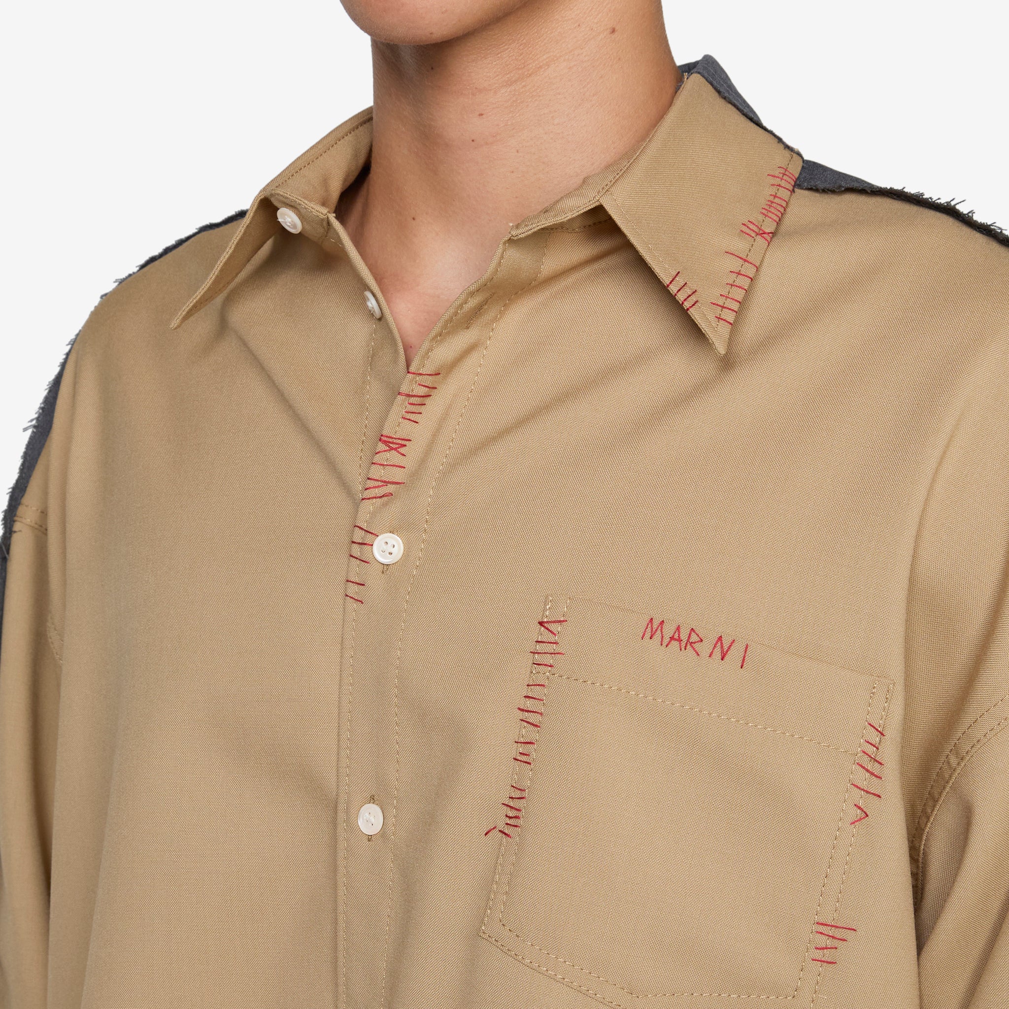Contrast Panel Tropical Wool Shirt Dijon - Image 2