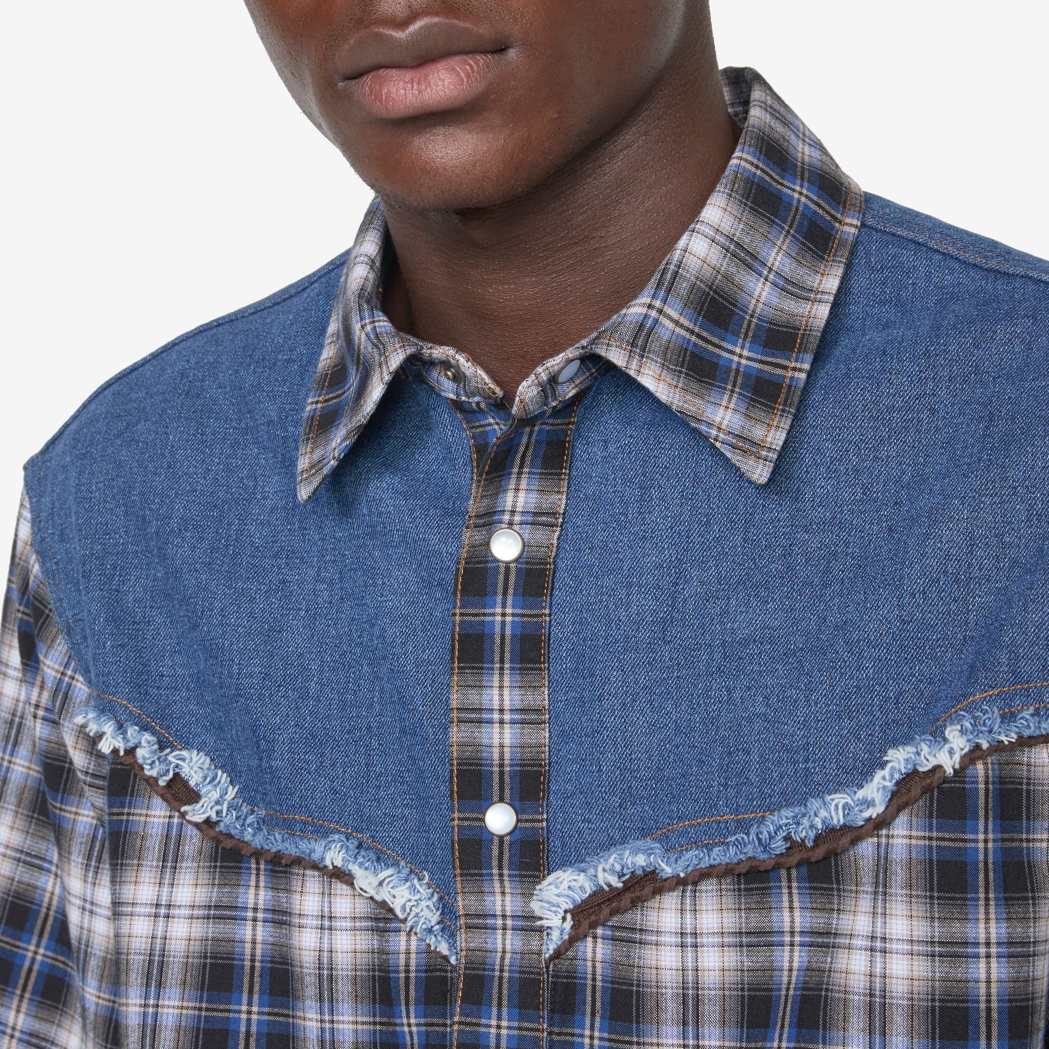 Denim & Check Raw Cut Shirt Blue - Image 2