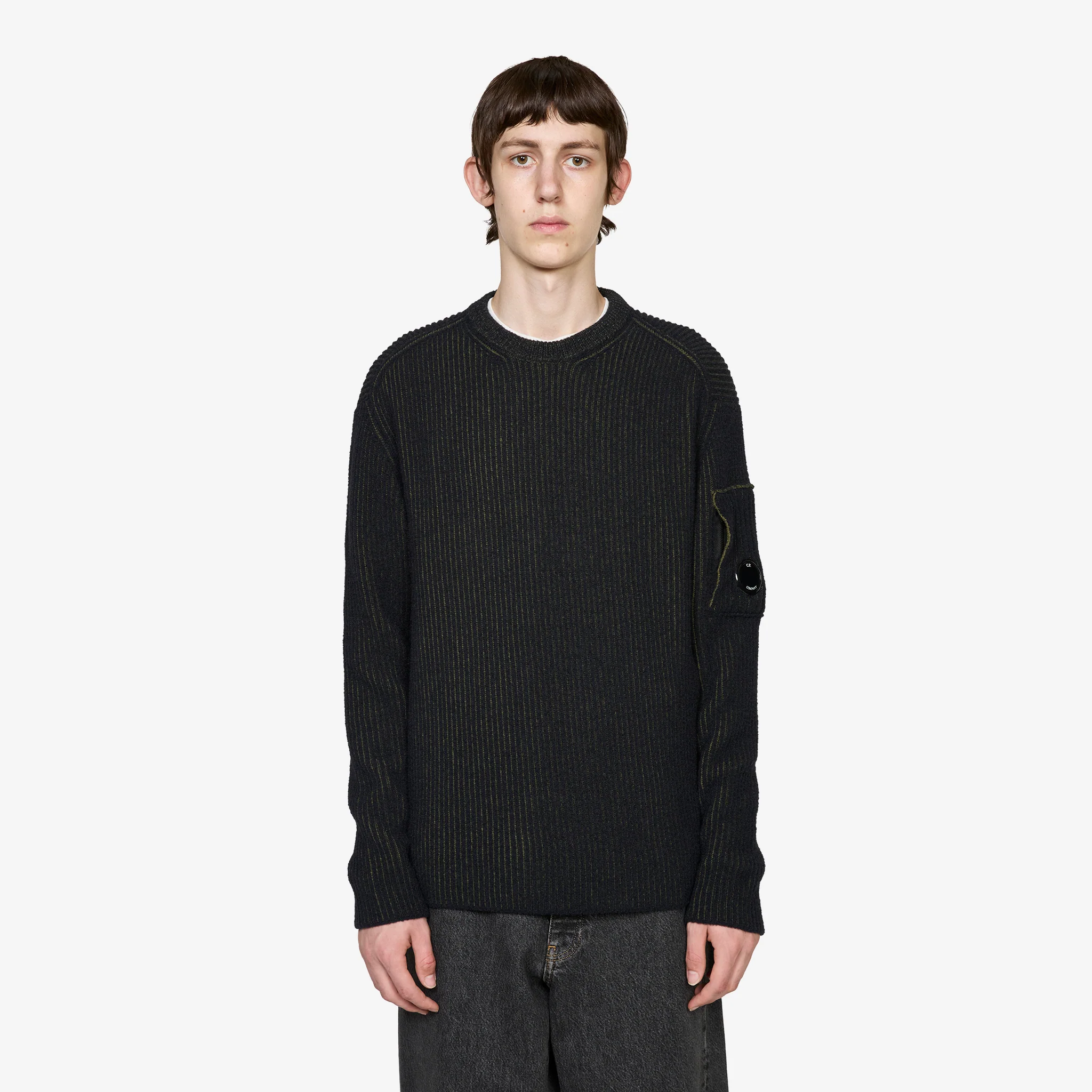 Fleece Knit Crewneck Lens Sweater Capers