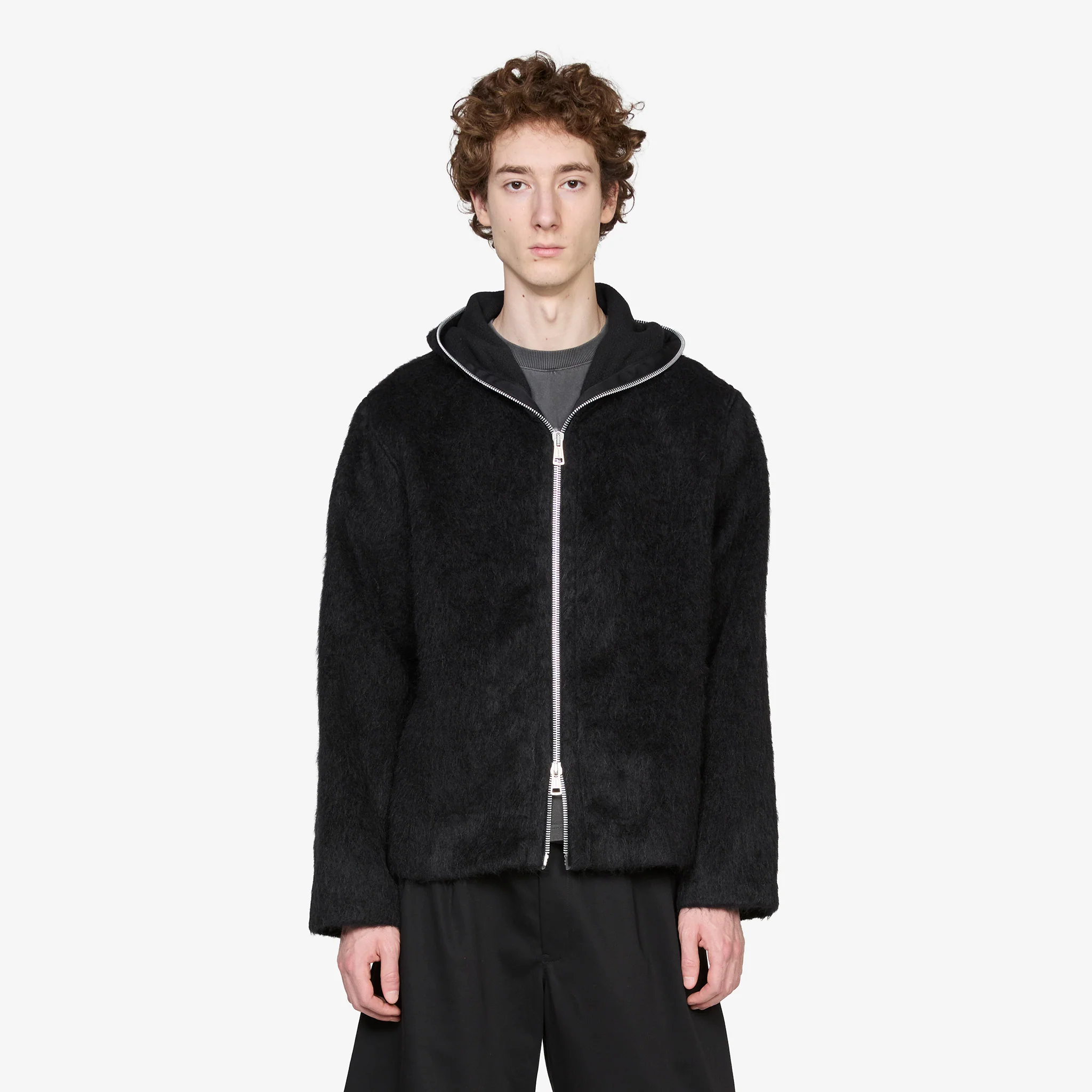 Full Zip Hood Black Hairy Wool