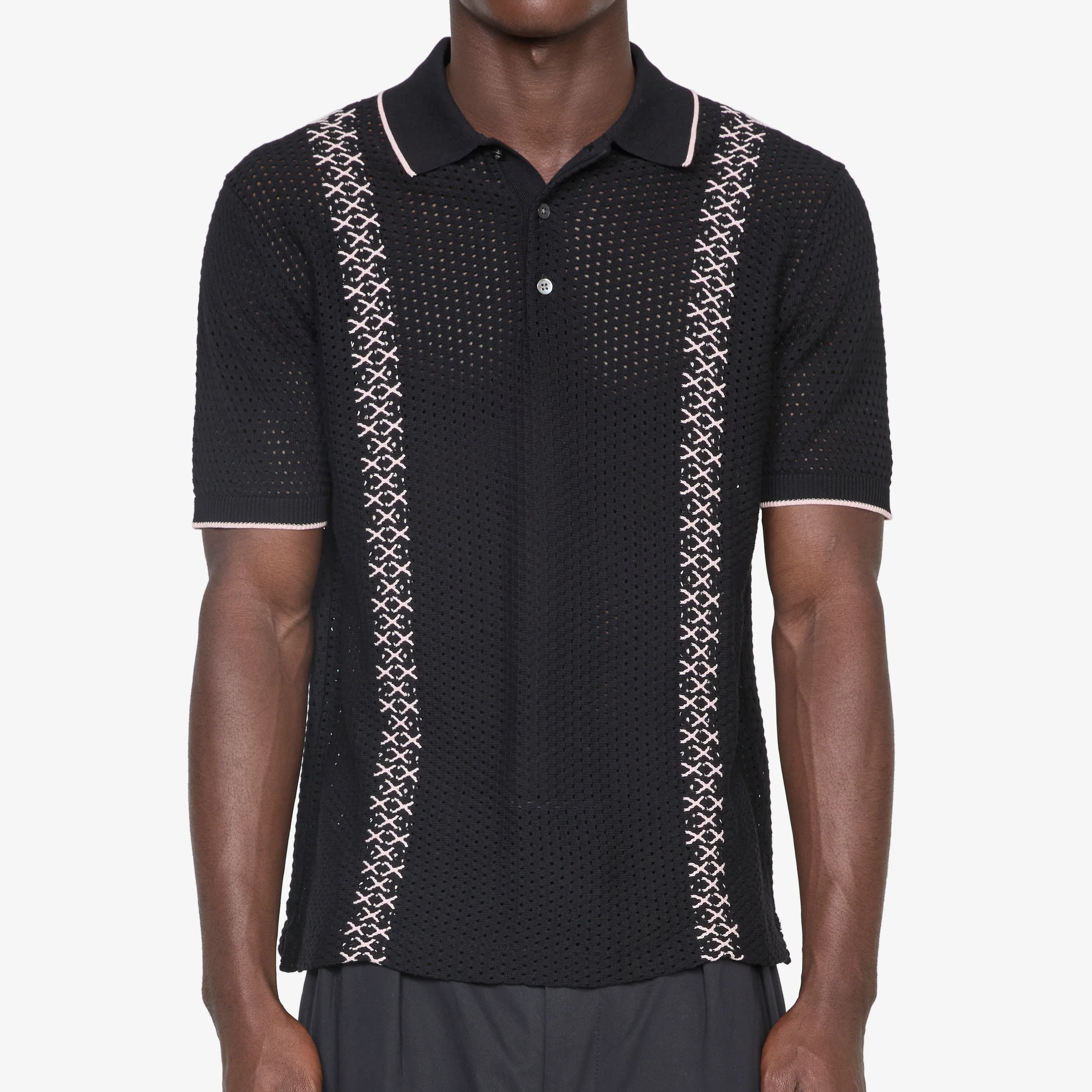 Knit Polo Mesh Stripe Black - Image 3