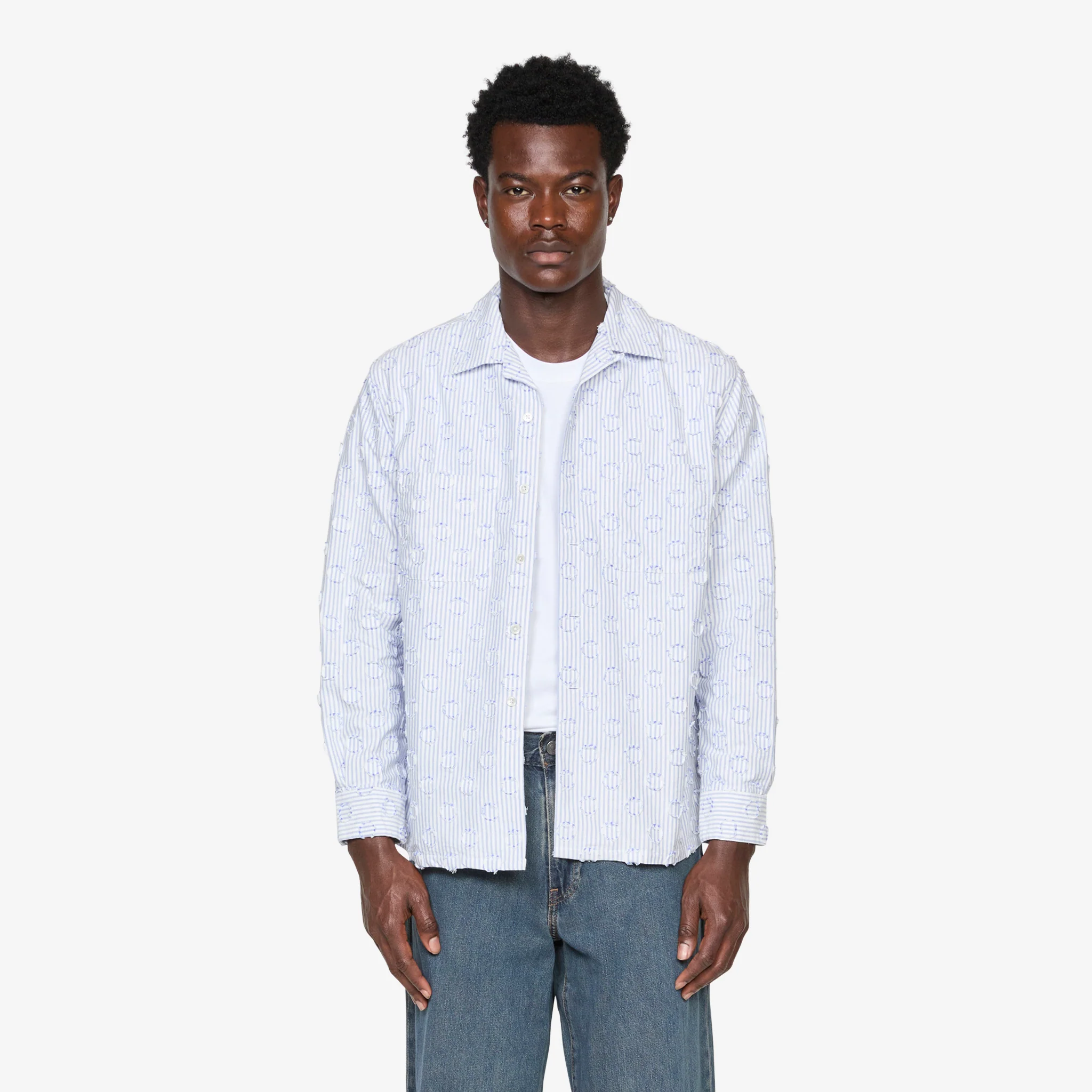 Open Collar Burnout Dot Candy Stripe Shirt Blue Stripe