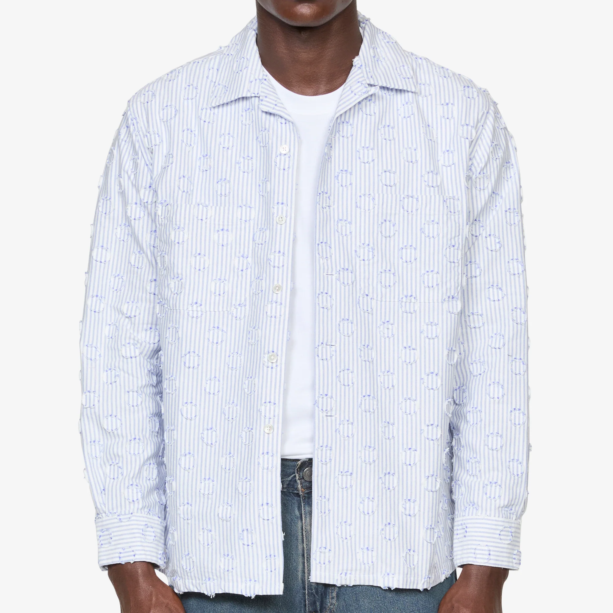Open Collar Burnout Dot Candy Stripe Shirt Blue Stripe - Image 5