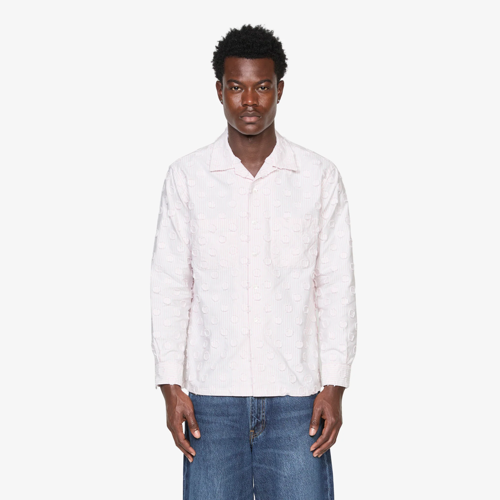 Open Collar Burnout Dot Candy Stripe Shirt Pink Stripe