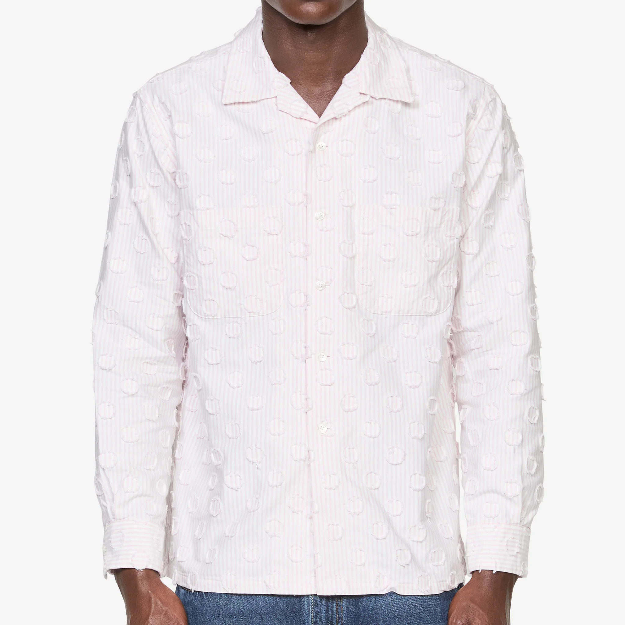 Open Collar Burnout Dot Candy Stripe Shirt Pink Stripe - Image 5