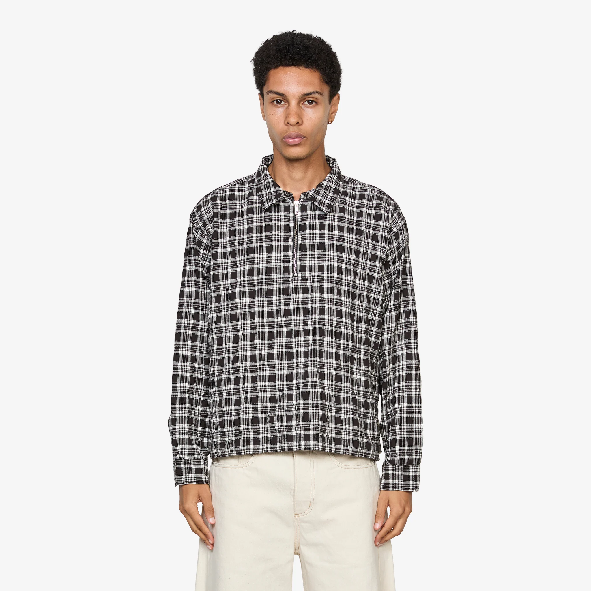 Quarter Zip Shirt Coffee Textured Plaid