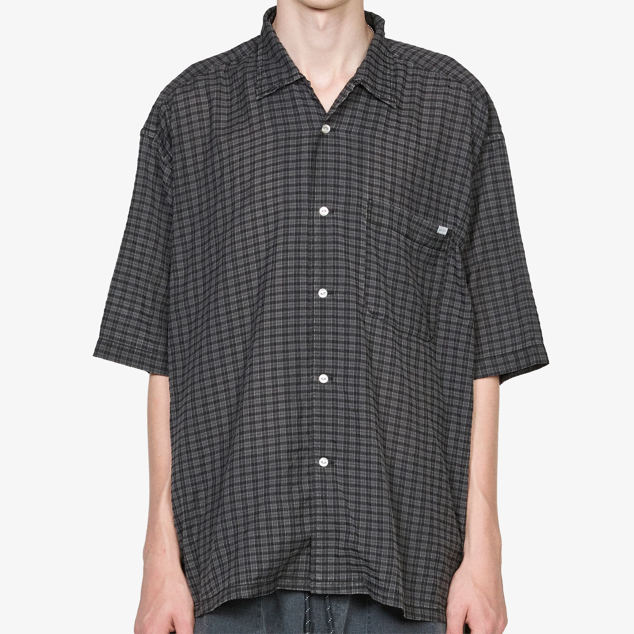 T/C Check Open Collar Shirt Black - Image 5