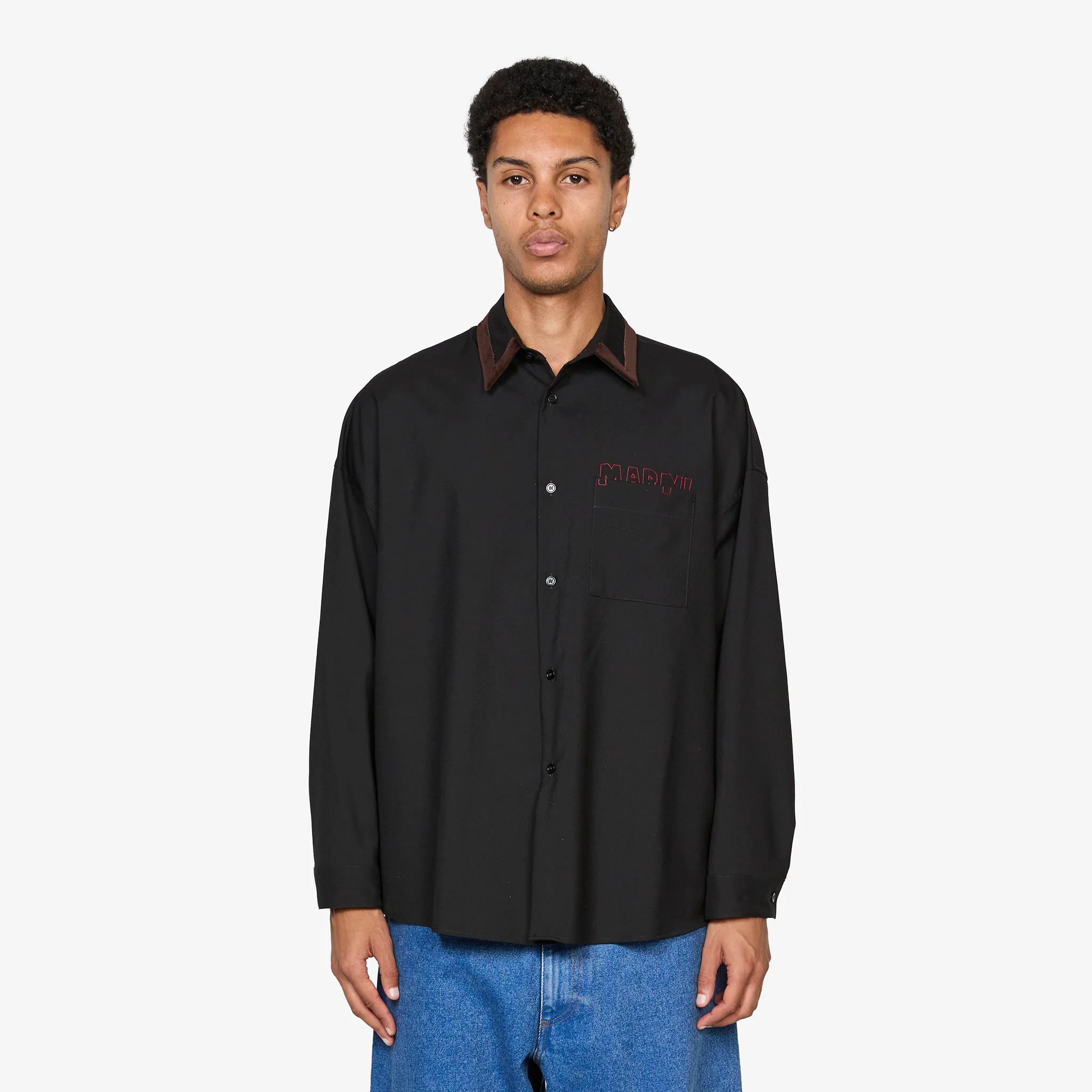 Velvet Collar Tropical Wool Longsleeve Shirt Black