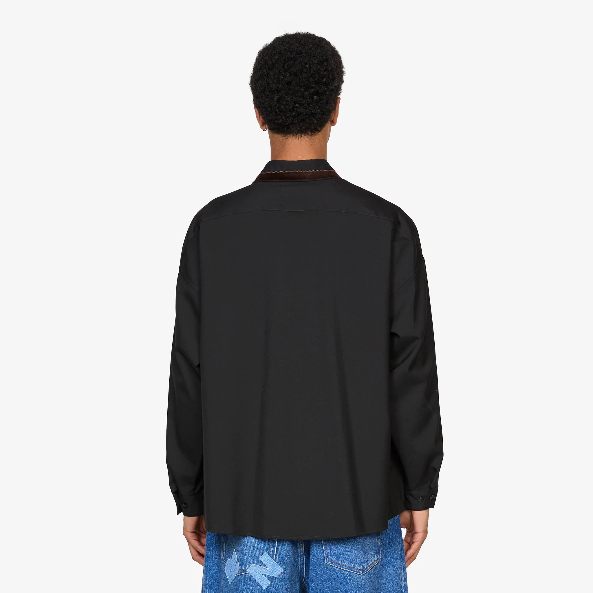 Velvet Collar Tropical Wool Longsleeve Shirt Black - Image 3